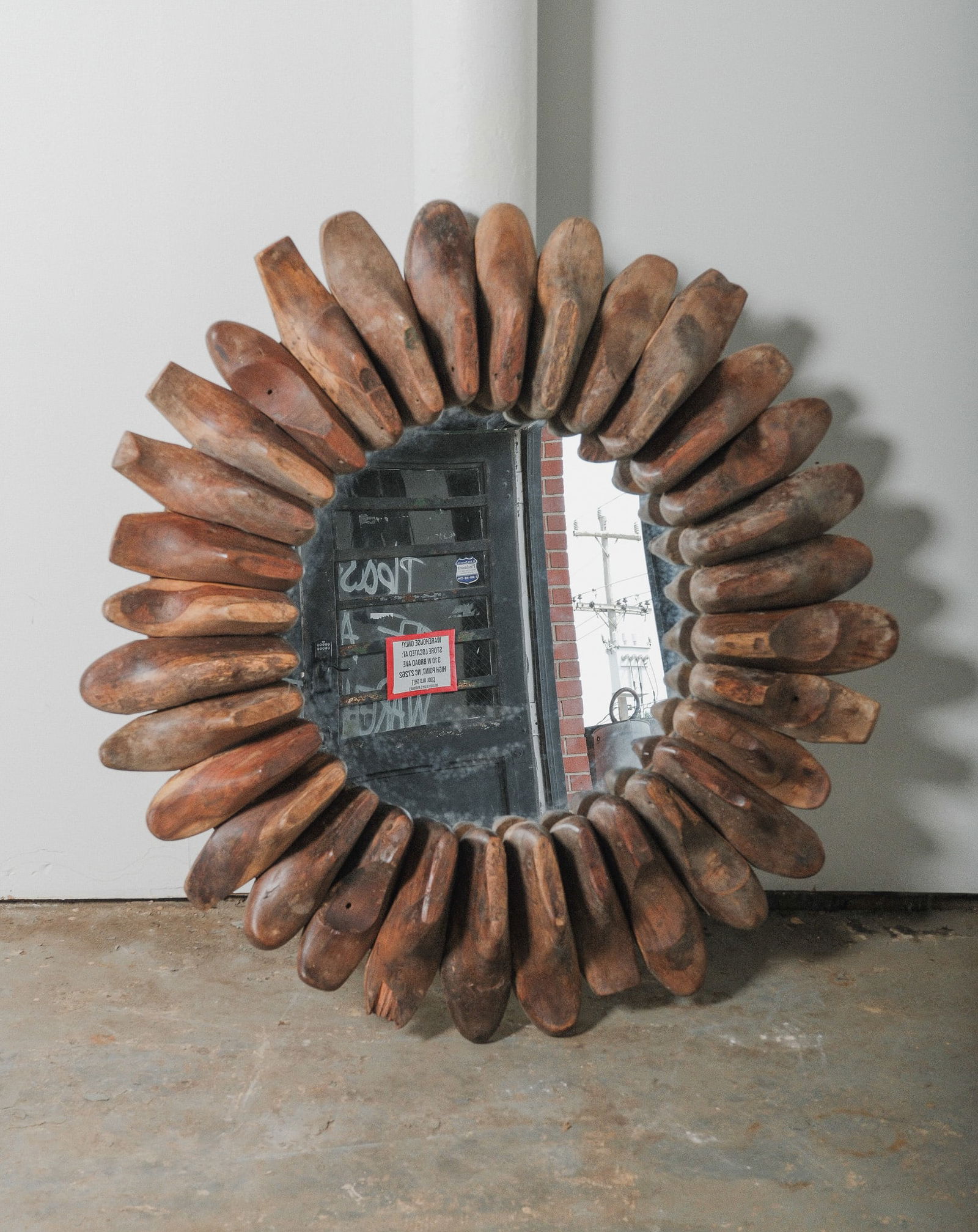 Industrial Folk Art style Round Mirror with vintage shoe forms frame (1 of 5)