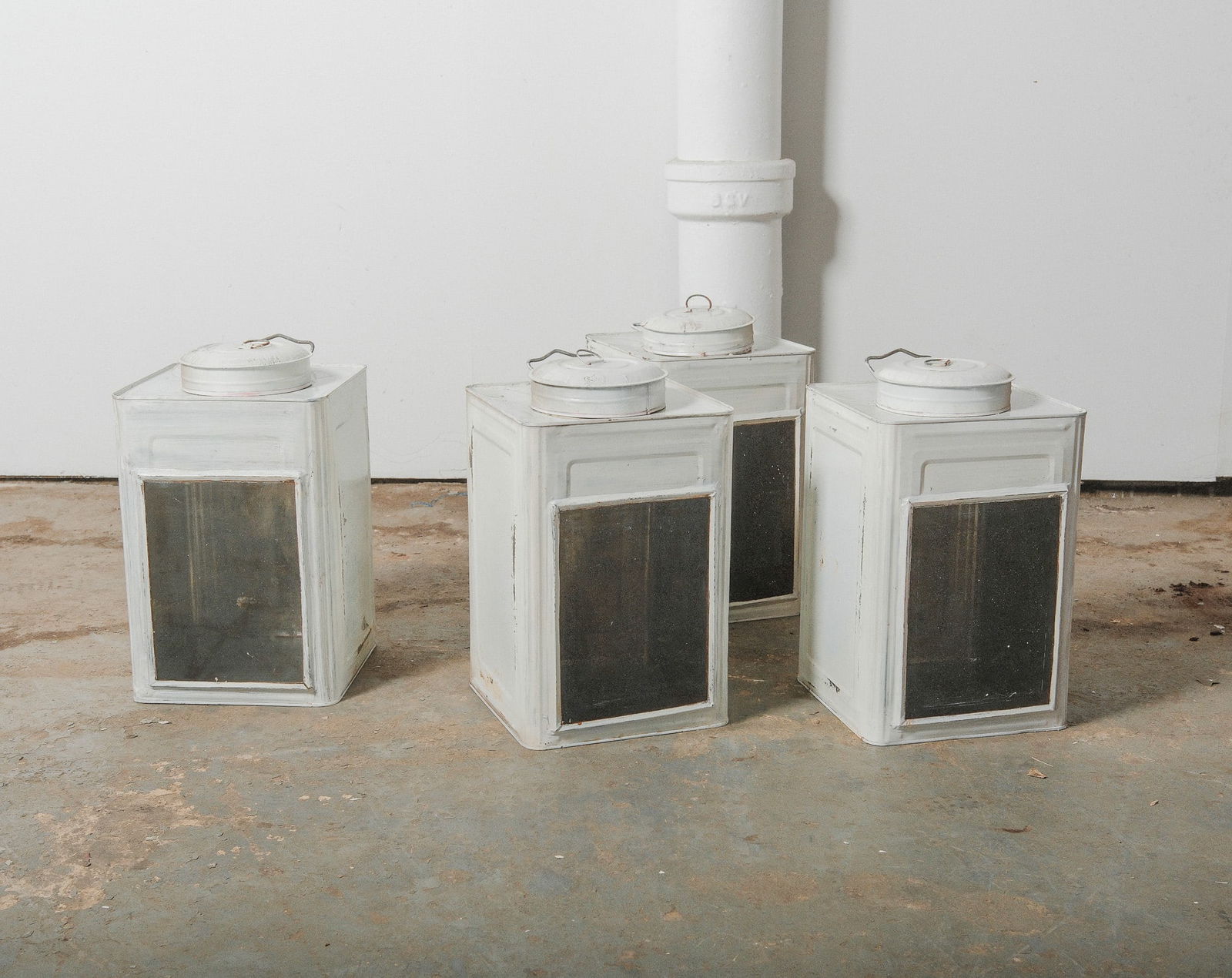 Set of Four Vintage White Painted Tin Canisters with Glass Fronts (1 of 4)