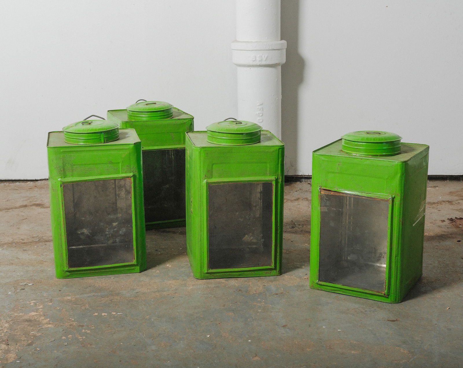 Set of Four Vintage Green Painted Tin Canisters with Glass Fronts (1 of 4)