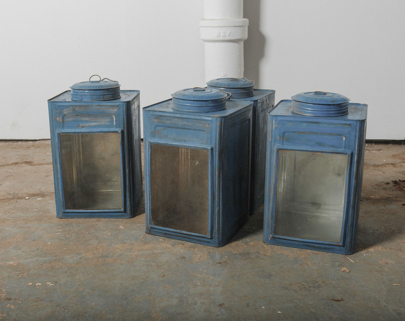Set of Four Vintage Blue Painted Tin Canisters with Glass Fronts (1 of 4)