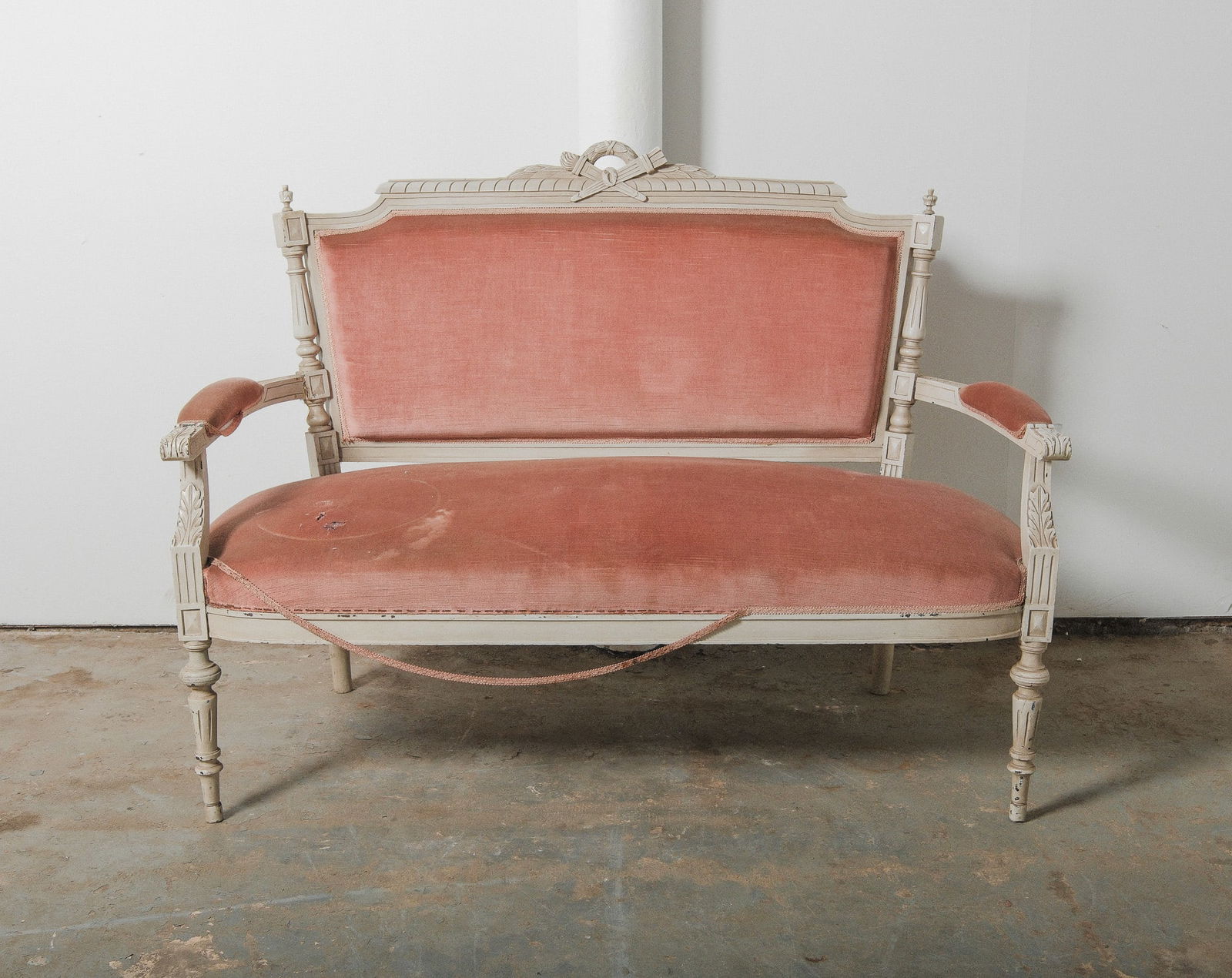Antique Louis XVI Style Settee with carved wood frame and original upholstery. (1 of 6)
