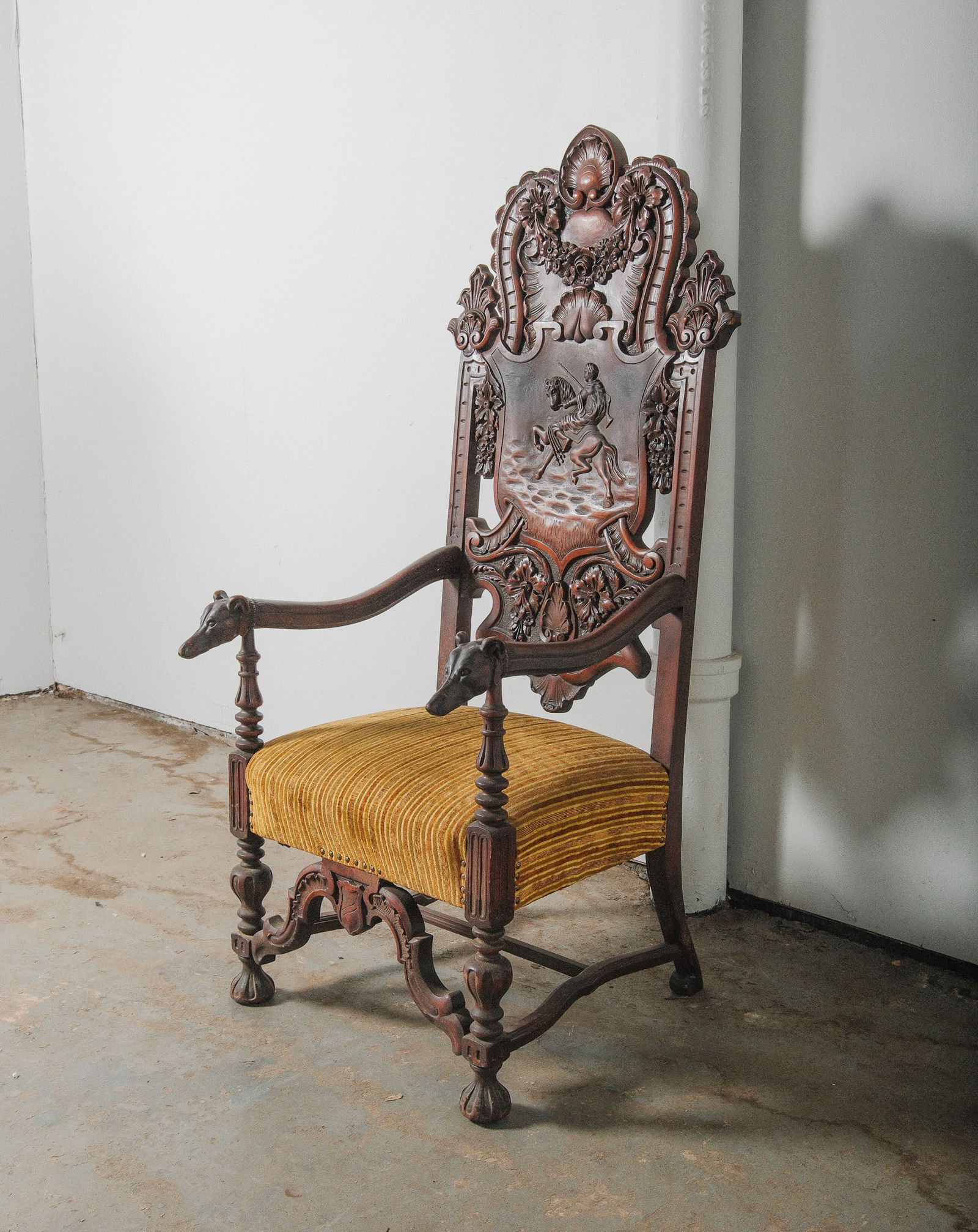 19th Century Italian Carved Walnut Throne Chair with Equestrian relief (1 of 5)