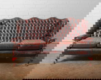 Vintage Tufted Leather Chesterfield Sofa with Tartan Cushions