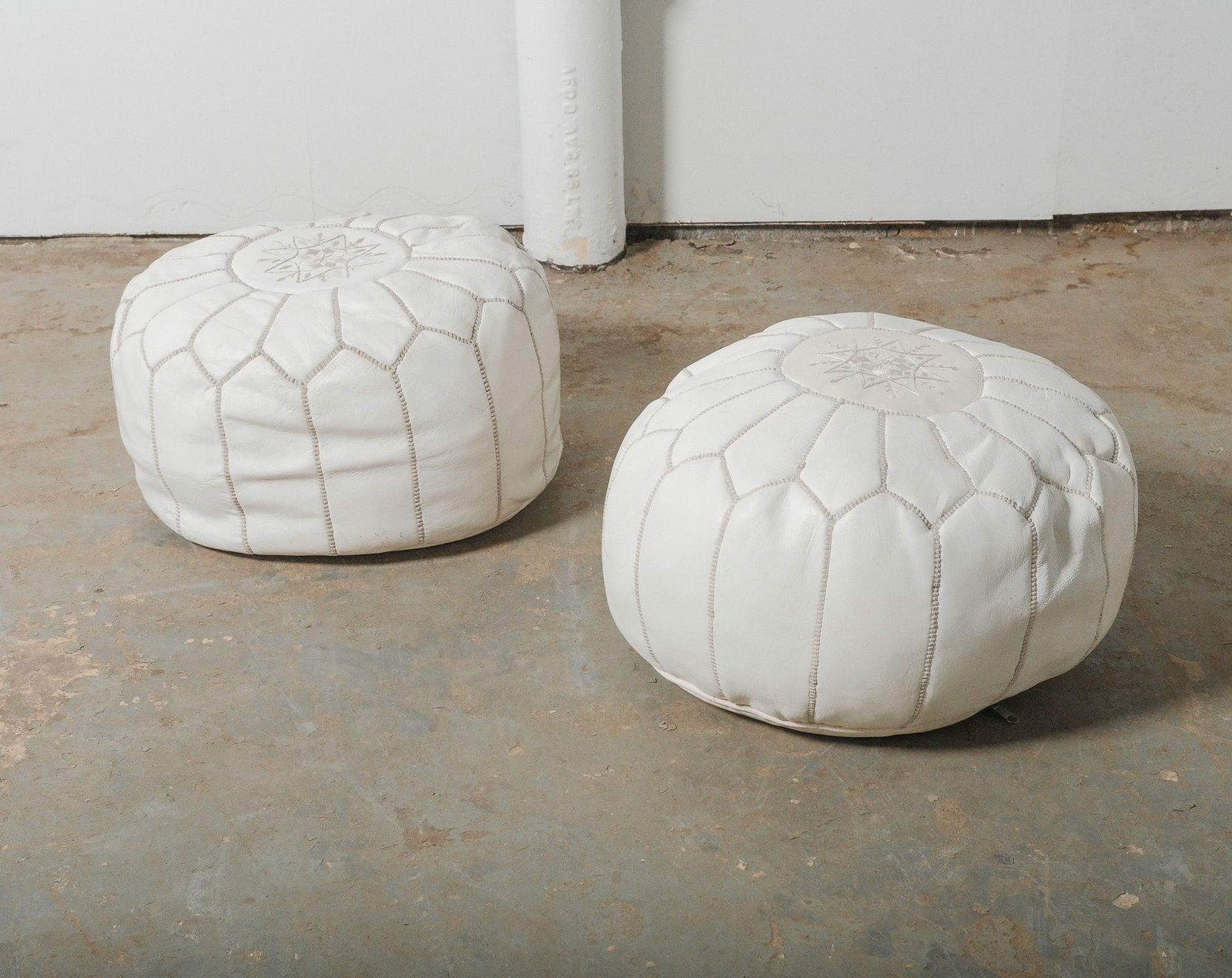 Moroccan style White Leather Pouf with hand stitched Embroidery details, set of 2 (1 of 3)