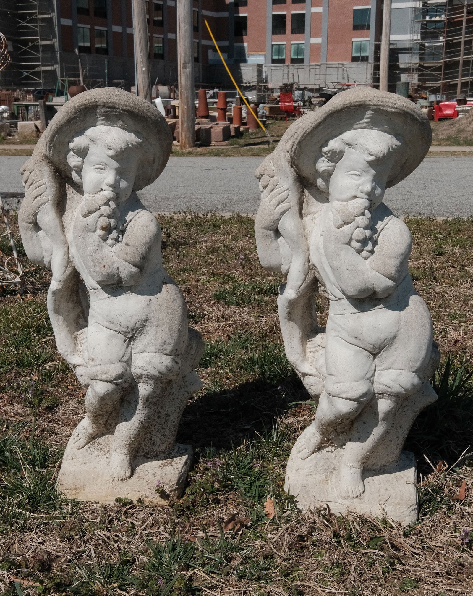 Vintage Cast Stone Garden Statue, Pair of Children with Straw Hats (1 of 5)