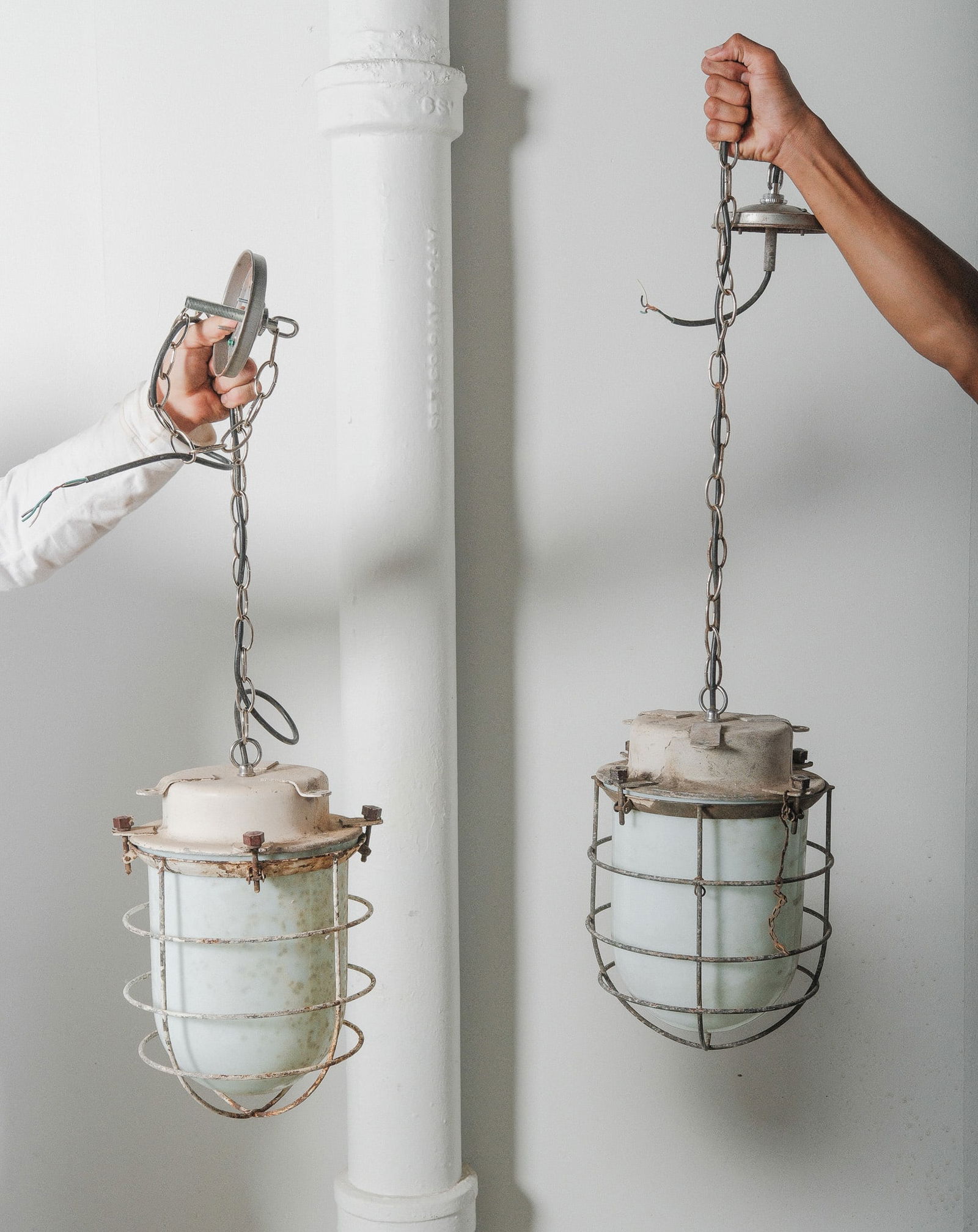 Pair of Vintage Industrial Caged Pendant Lights (1 of 3)