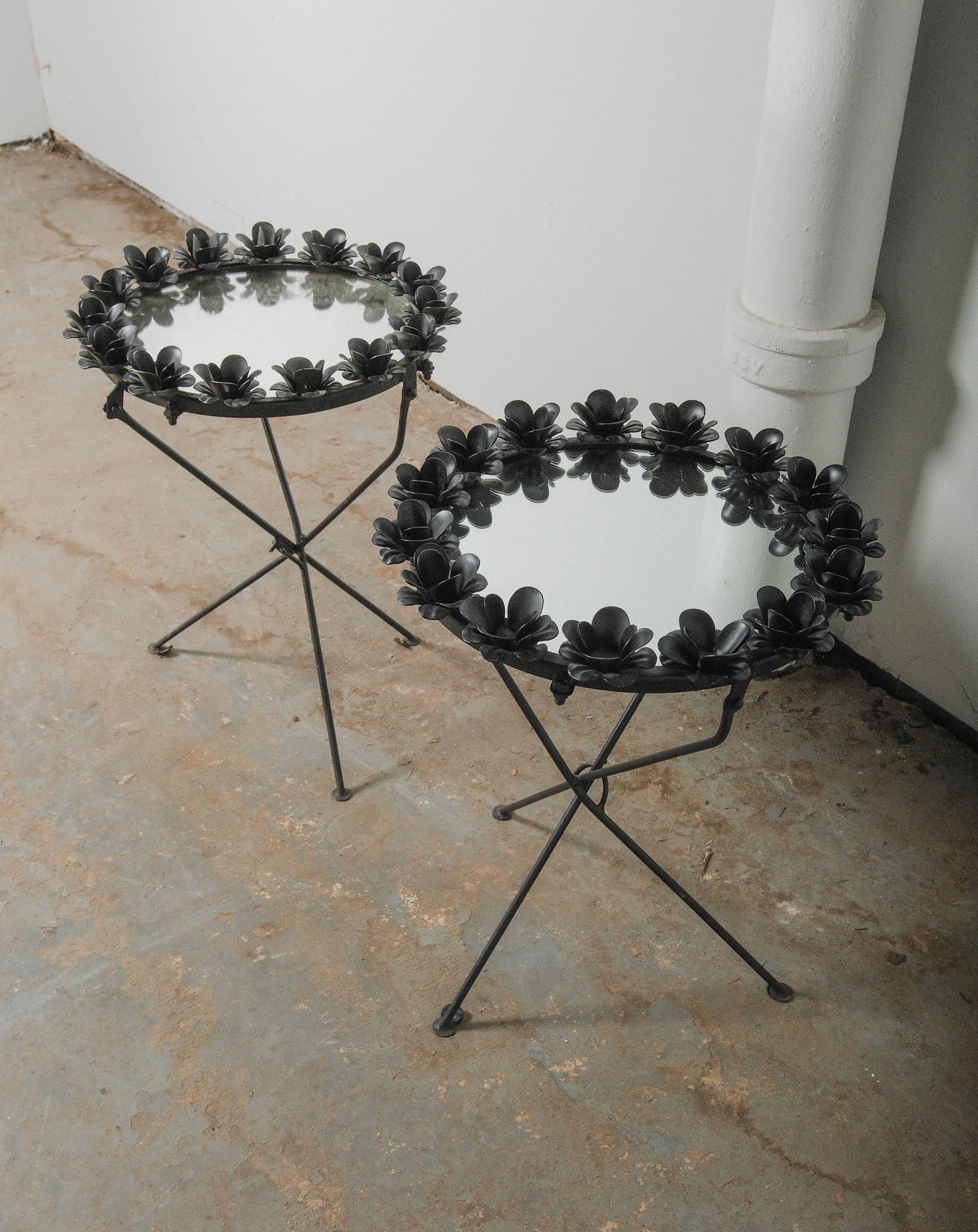 Pair of Floral Wrought Iron Mirrored Folding Side Tables (1 of 4)