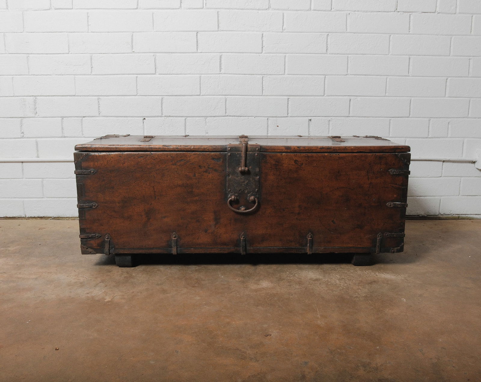 Antique Rectangular Flat Topped Wooden Storage Trunk with Iron Hardware (1 of 8)