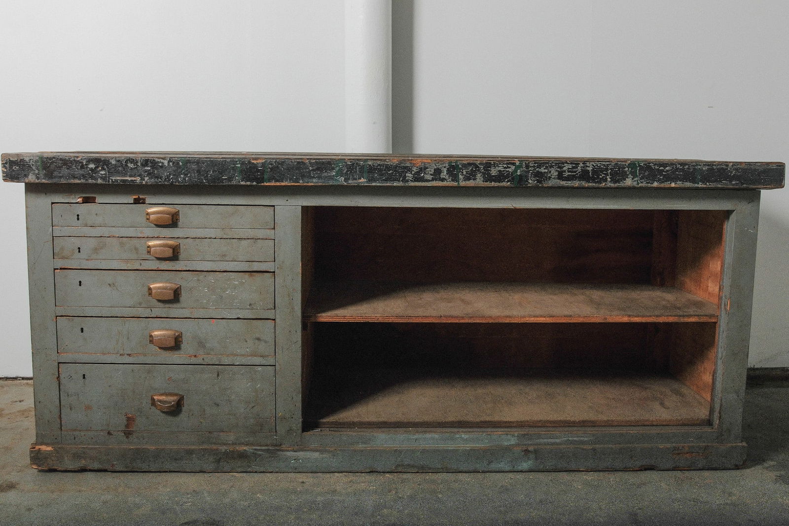 Vintage Industrial Workbench with Drawers and Open Shelving (1 of 6)