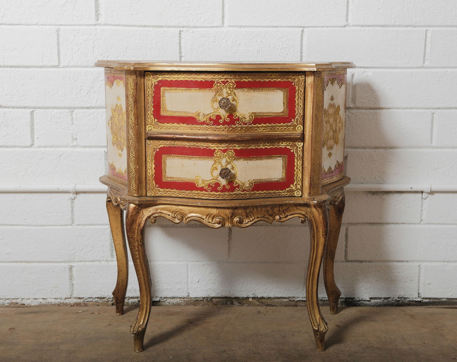 Petite red and Gilt Rococo Style Bombe Commode (1 of 6)