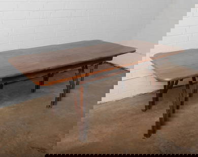 Mid Century Modern Wooden Dining Table with Splayed Legs: A functional mid-century modern vintage dining table featuring a warm wooden top and sculptural splayed legs design with supportive stretchers. The clean lines and sturdy construction make it suitable