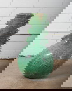Glazed cultural Studio Pottery Vase: A bold and highly collectible piece of mid century studio pottery, this globular vase features richly textured emerald green glaze and unusually adorned neck with four pronounced nodules. The high glo