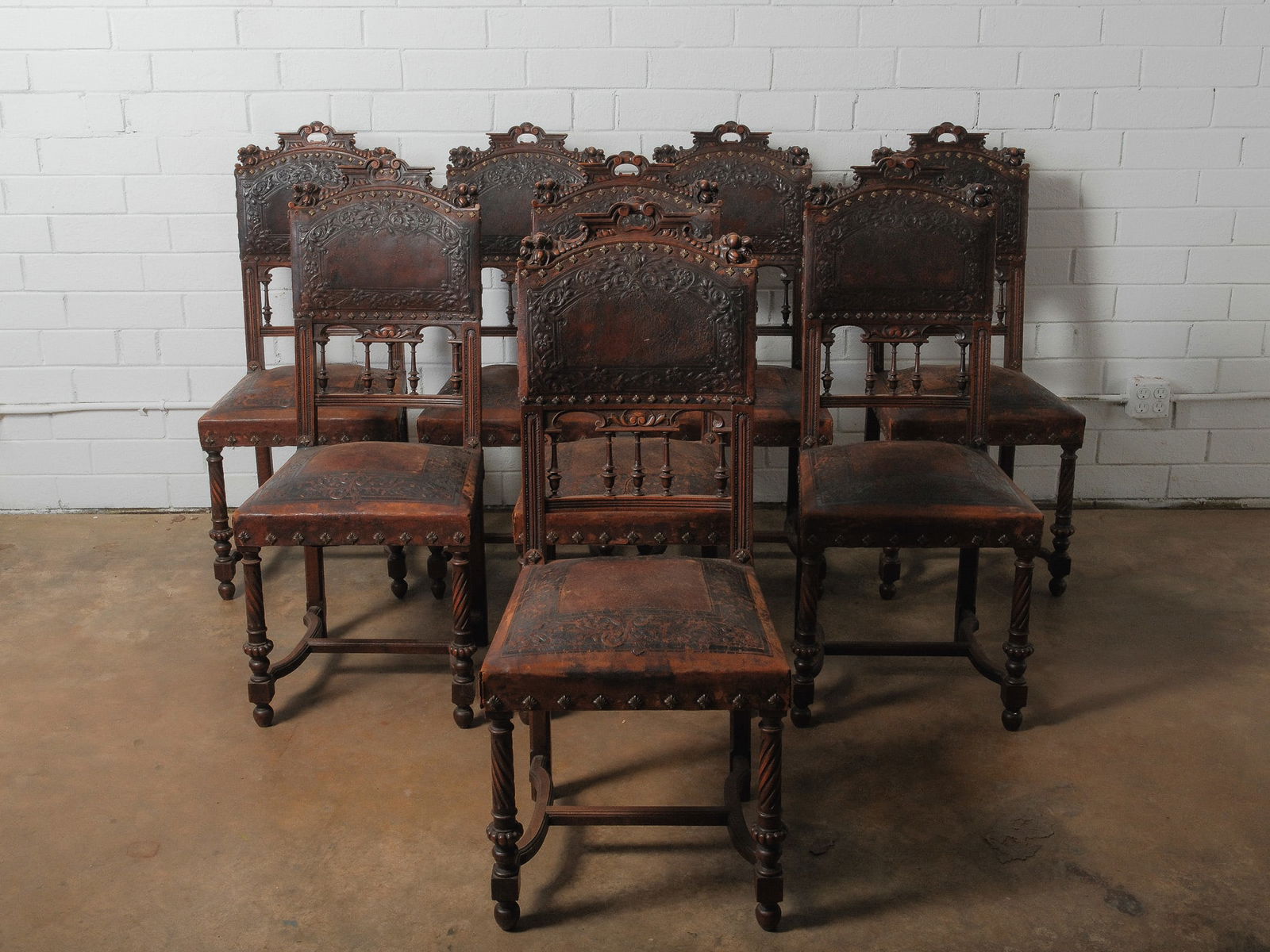 Set of 8 Spanish Revival Carved & Embossed Leather Dining Chairs (1 of 12)