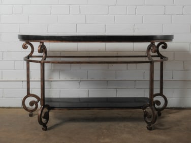 Wrought Iron Console Table with Black Stone Top & Inlaid Border