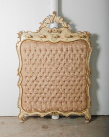Italian Rococo Hand Carved Headboard with Tufted Damask Upholstery