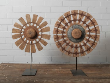 Pair of Wooden Windmill Wheel Sculptures on Stands