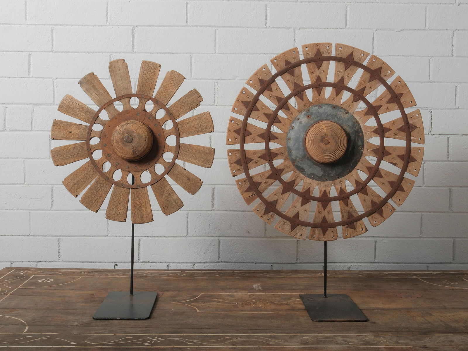 Pair of Wooden Windmill Wheel Sculptures on Stands (1 of 8)