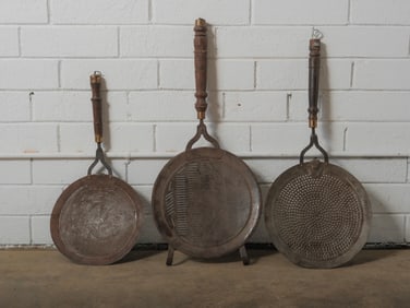 Trio of Antique Indian Iron Frying Pans with Turned Wood Handles
