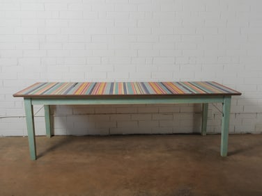 Long Farm Table with Fabric Striped Top
