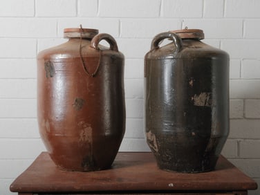 Pair of Oversized Clay Water Jars with Lids