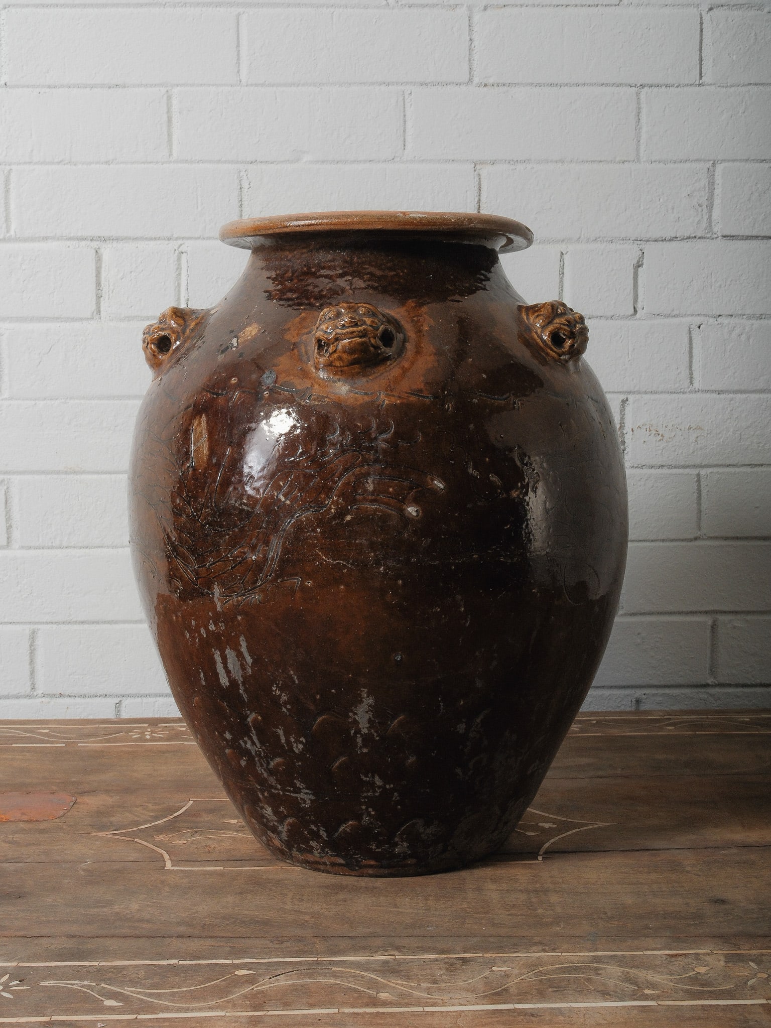 Large Brown Glazed Storage Jar with Lion Head Handles (1 of 6)