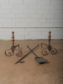 Antique Brass Andirons with Iron Tools