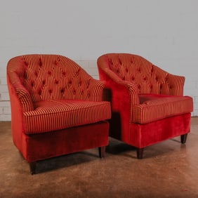 Pair of Pin Striped Upholstered Club Chairs