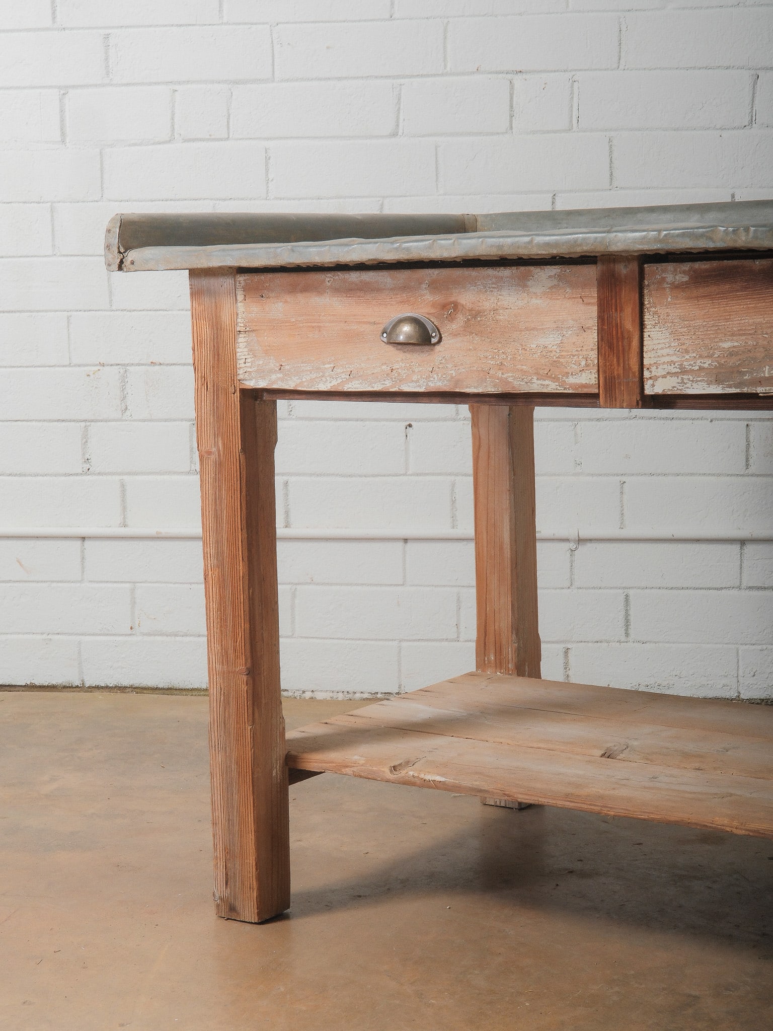 Rustic Two-Drawer Work Table with Galvanized Metal Top - 2