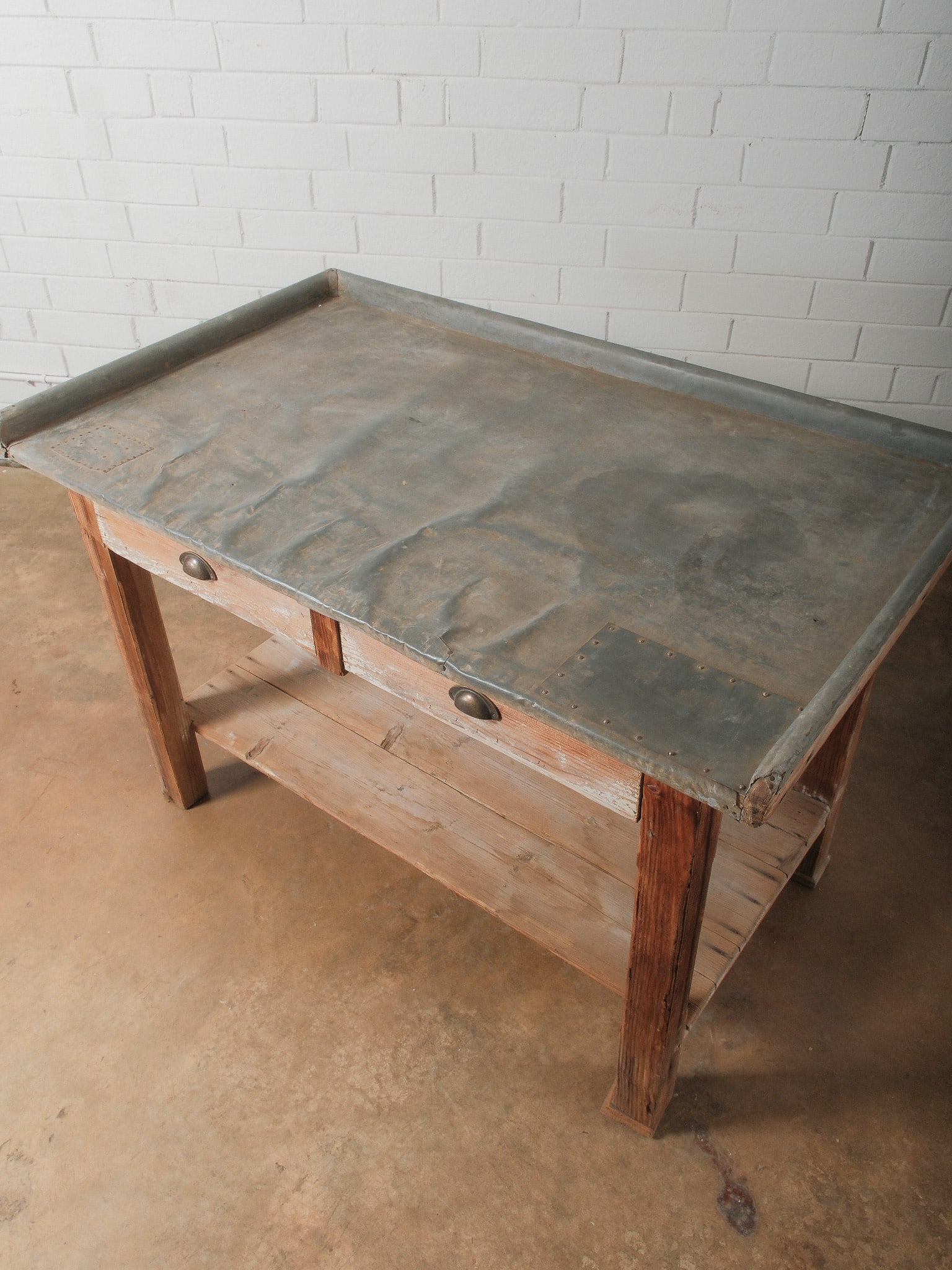 Rustic Two-Drawer Work Table with Galvanized Metal Top - 3