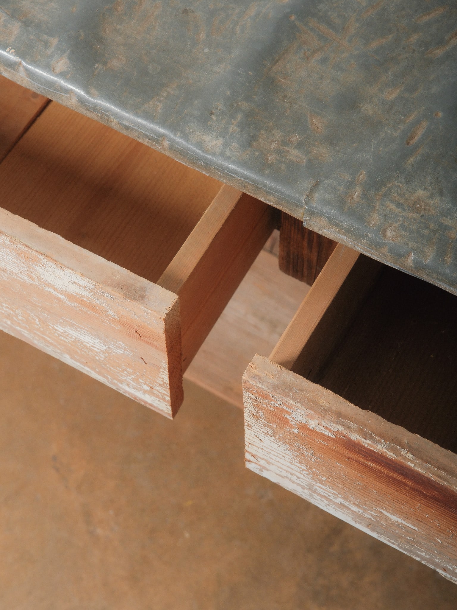 Rustic Two-Drawer Work Table with Galvanized Metal Top - 5