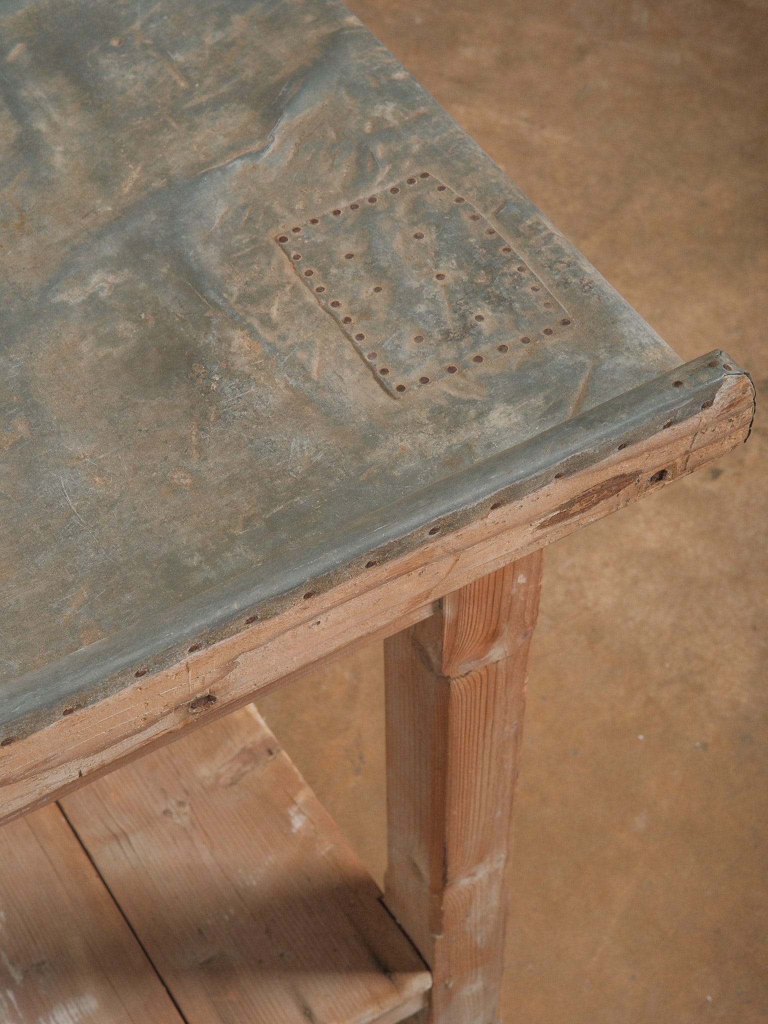 Rustic Two-Drawer Work Table with Galvanized Metal Top - 6