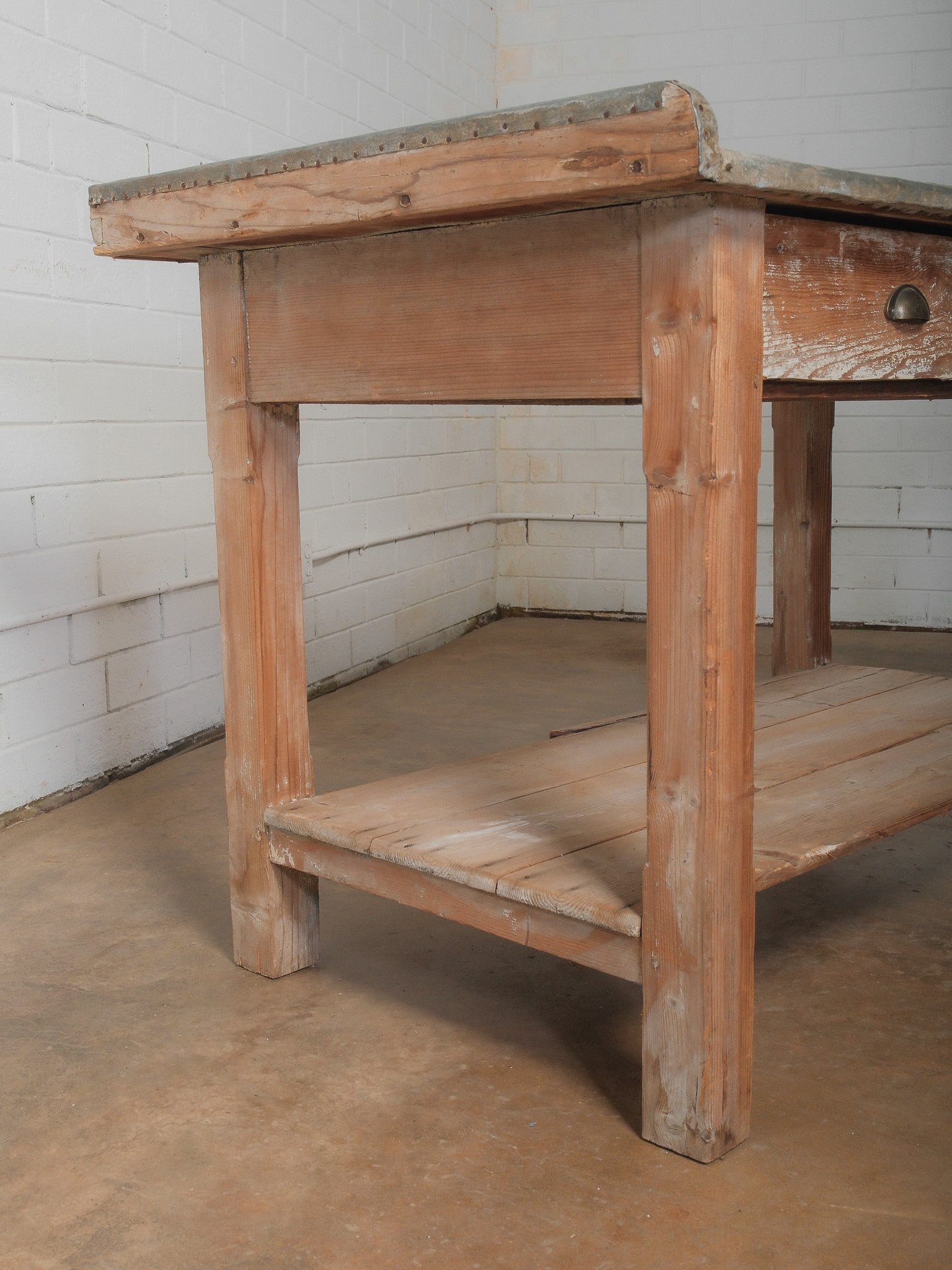 Rustic Two-Drawer Work Table with Galvanized Metal Top - 7