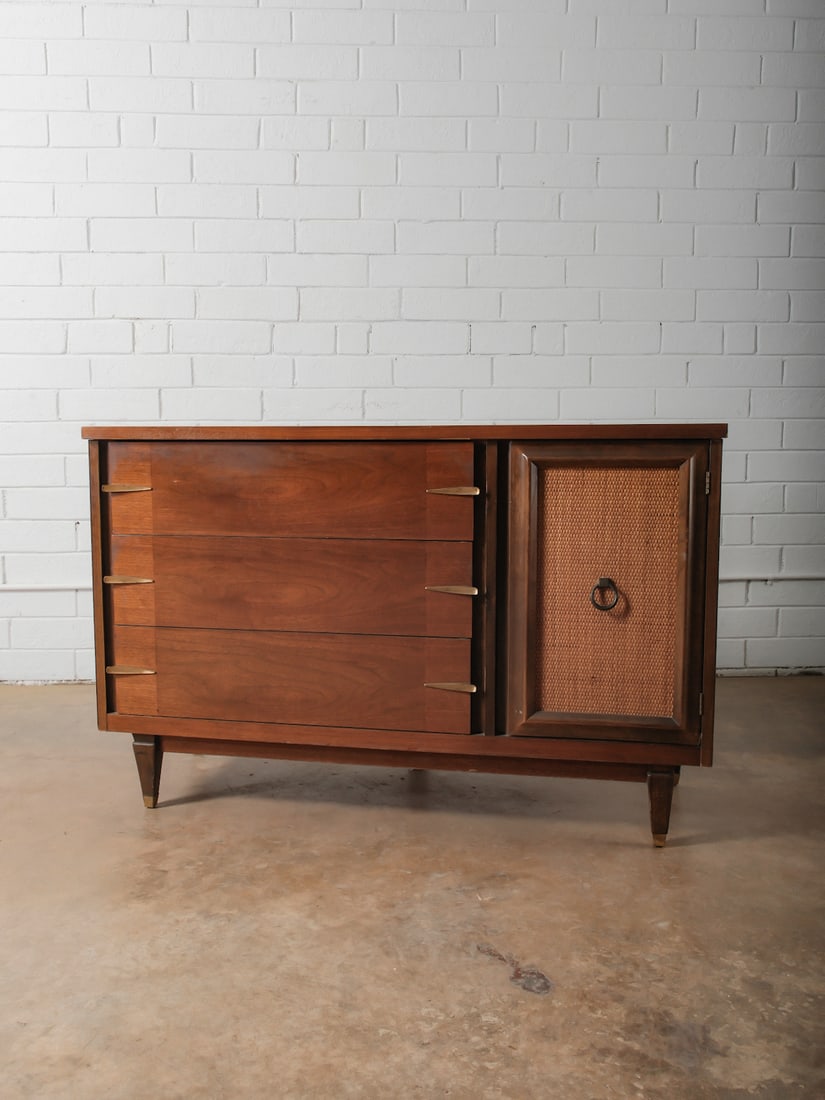 Mid-Century Chest with Cane Door Accent: A mid-century style chest combining clean lines with mixed materials. The left side features three stacked drawers with minimalist metal pulls, while the right side includes a cabinet door inset with