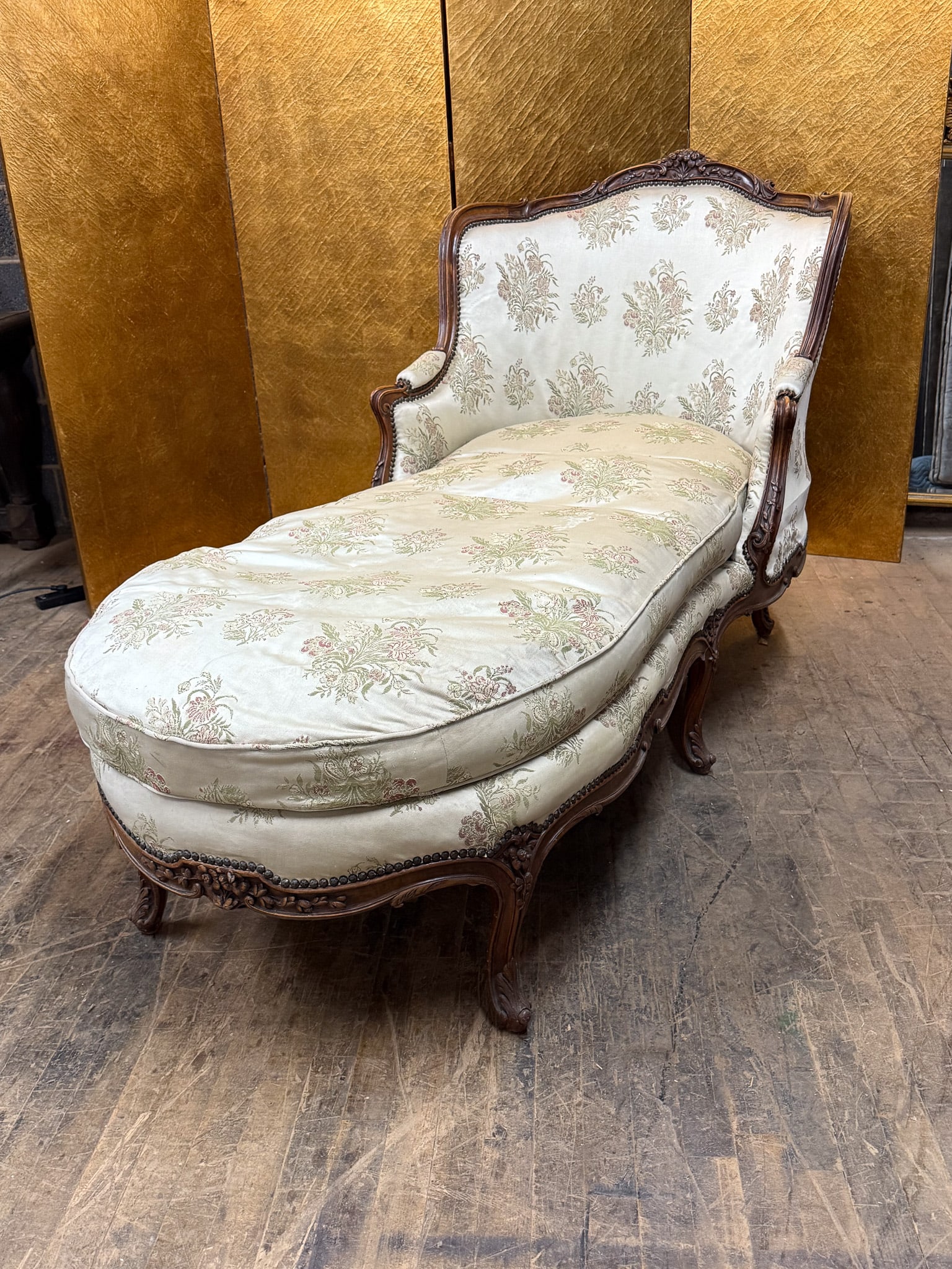 Large Distressed Louis XV Style Upholstered Chaise Lounge (1 of 6)