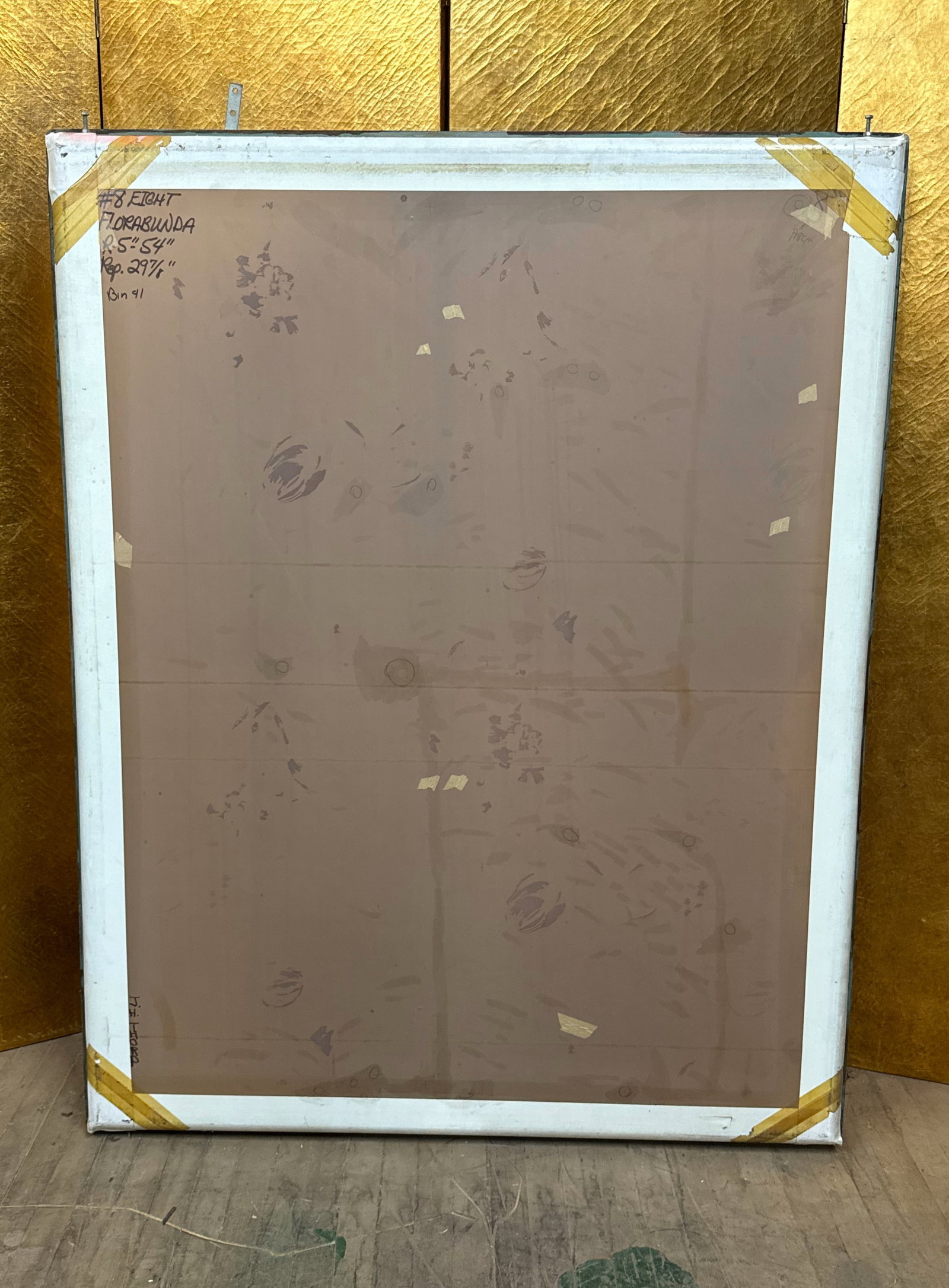 Wallpaper Silkscreen #8 "Floraunda": Silk screen wallpaper sample panel titledFlorabunda. Mounted and framed, showing the printed floral pattern used in wallpaper production. Writing on the reverse includes pattern identification and pro