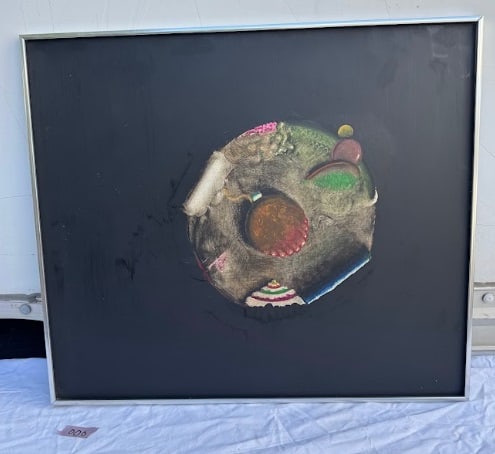 Framed Contemporary Mixed Media Abstract Painting 3: Contemporary abstract composition featuring a central mixed media form set against a dark, minimalist ground. The work incorporates layered textures, metallic tones, and vibrant color accents, creatin