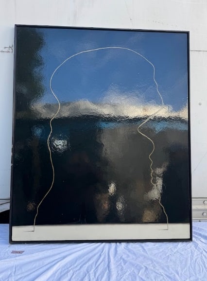 Contemporary Abstract Mixed Media Painting 1: Contemporary abstract composition featuring a dark, high-gloss ground with subtle textural variation and metallic accents. The work emphasizes minimalism and contrast, incorporating either geometric o