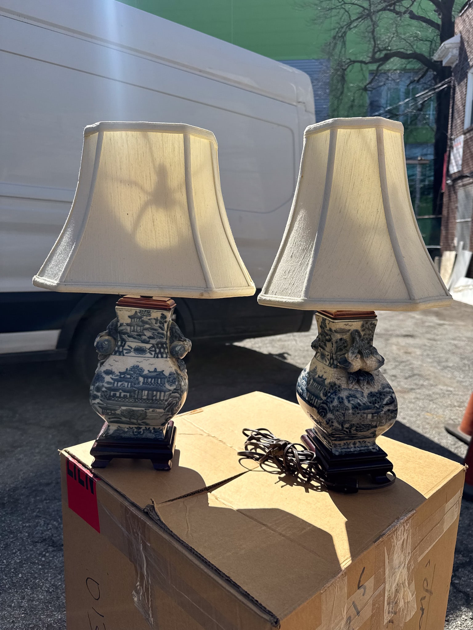 Pair of Blue and White Lamps with Shades: Pair of Blue and White Lamps with Shades