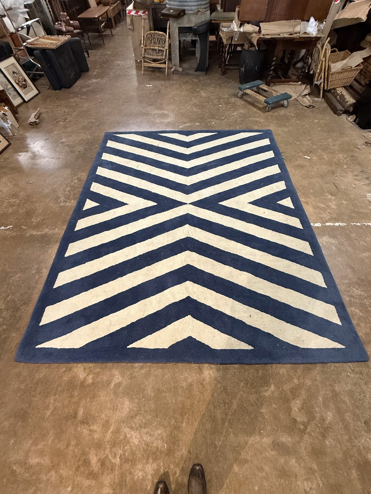 Modern Blue & Cream Wool Area Rug: Contemporary wool area rug featuring a bold blue and ivory geometric chevron pattern that creates a striking optical effect. The graphic design makes it an ideal statement piece for modern, coastal, o