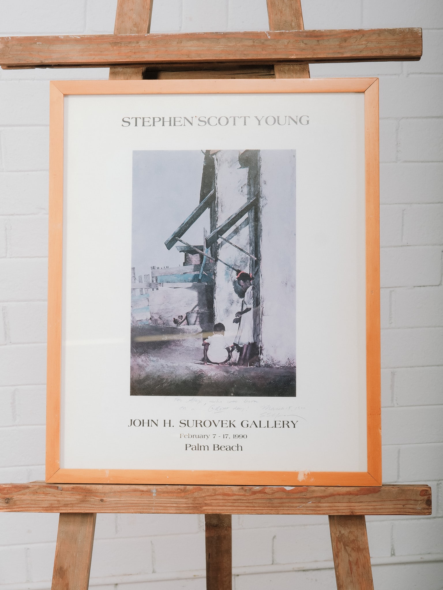Stephen Scott Young Exhibition Poster: Framed exhibition poster for Stephen Scott Young at the John H. Surovek Gallery, Palm Beach, February 7–17, 1990, featuring artwork reproduction and exhibition text. Presented under glass in a