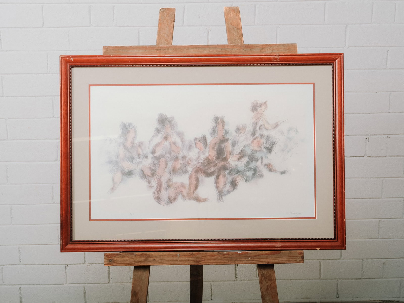 Framed Figural Print: Framed figural print depicting an impressionistic gathering of seated figures rendered in soft, expressive pastel tones. Presented under glass with a wide mat and decorative wood frame, the