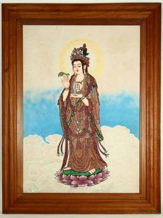 CHINESE GEMSTONES-INLAID PAINTING OF GUANYIN: Length 122cm/ Width 92.4cm Description Statement: Any description statement is given as a courtesy to a client, is an opinion and should not be treated as a statement of fact and Merces Gallery