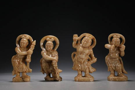 FOUR CHINESE ANTIQUE JADE FIGURES OF FOUR GUARDIANS: 5.6Ã—3Ã—9.5cm/ Weight 416g Description Statement: Any description statement is given as a courtesy to a client, is an opinion and should not be treated as a statement of fact and Merces
