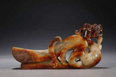 CHINESE ANTIQUE JADE ORNAMENT WITH CARVED DRAGON: 12.8Ã—3.2Ã—6.3cm/ Weight 272g Description Statement: Any description statement is given as a courtesy to a client, is an opinion and should not be treated as a statement of fact and Merces
