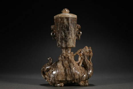CHINESE ANTIQUE JADE BRUSHPOT ON TORTOISE-DRAGON STAND: 11.6Ã—6.9Ã—15cm/ Weight 935g Description Statement: Any description statement is given as a courtesy to a client, is an opinion and should not be treated as a statement of fact and Merces