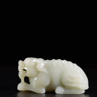 CHINESE HETIAN JADE AUSPICIOUS BEAST: Length 11cm/ Width 4.6cm/ Weight 5.4cm/ Weight 0.4368kg Description Statement: Any description statement is given as a courtesy to a client, is an opinion and should not be treated as a statement of
