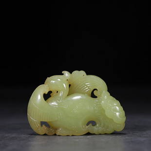 CHINESE HETIAN YELLOW JADE PHOENIX-FORM PENDANT: Length 6.6cm/ Width 4.3cm/ Thickness1.6cm/ Weight 0.006kg Description Statement: Any description statement is given as a courtesy to a client, is an opinion and should not be treated as a statement