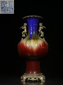 CHINESE LUJUN-GLAZED VASE MOUNTED WITH BRONZE ANGEL-FORM HANDLES AND STAND, 'QING QIANLONG' MARK