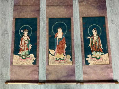 SET OF HANGING SCROLL PAINTINGS OF AMITABHAM TRIAD, 'WU DAOZI' MARK: Painting/ 70Ã—34cm Description Statement: Any description statement is given as a courtesy to a client, is an opinion and should not be treated as a statement of fact and Merces Gallery shall