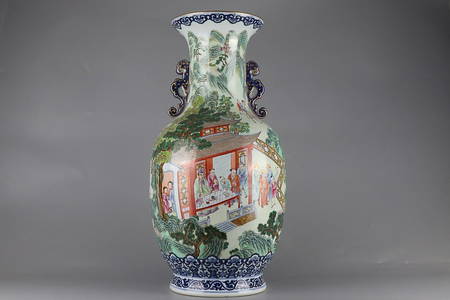 CHINESE FAMILLE-ROSE DRAGON-HANDLED VASE DEPICTING 'FIGURE STORY', 'QING QIANLONG' MARK